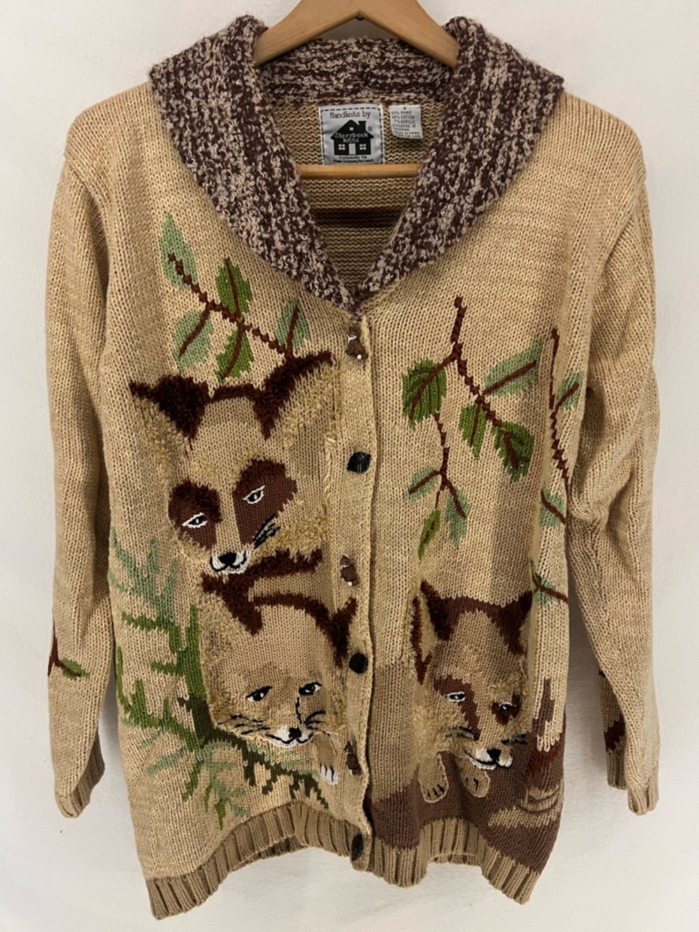 Vintage Storybook Knits Foxes Themed Cardigan Sweater Size S Cottagecore Outdoor